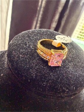 Gold Ring with Pink Crystal Center Stone - Women Jewelry